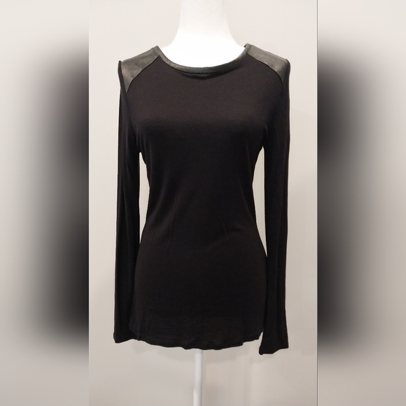 Cynthia Rowley Tops - Cynthia Rowley black long sleeve top faux leather shoulders Size L